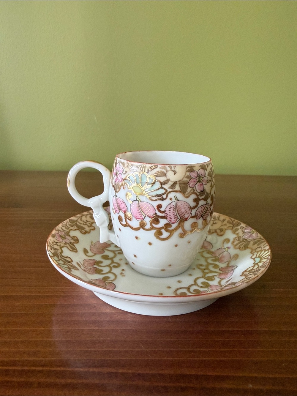 Vintage Ornate Pink and Gold Porcelain Espresso Cup with Saucer